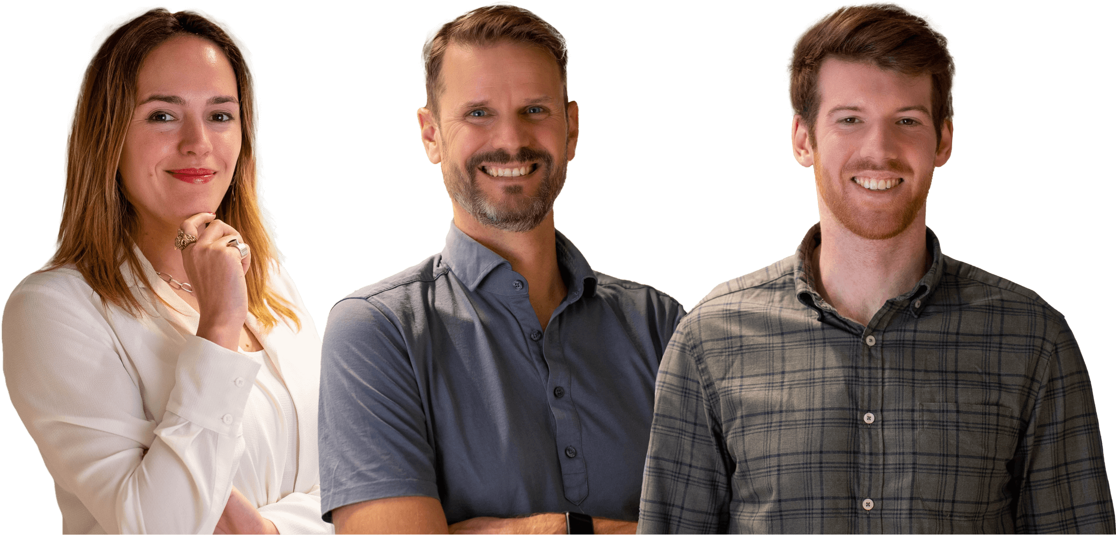 Three members of the Autobahn Security customer success team smiling. The team members are shown in a friendly and welcoming manner, inviting users to reach out to the company for support.