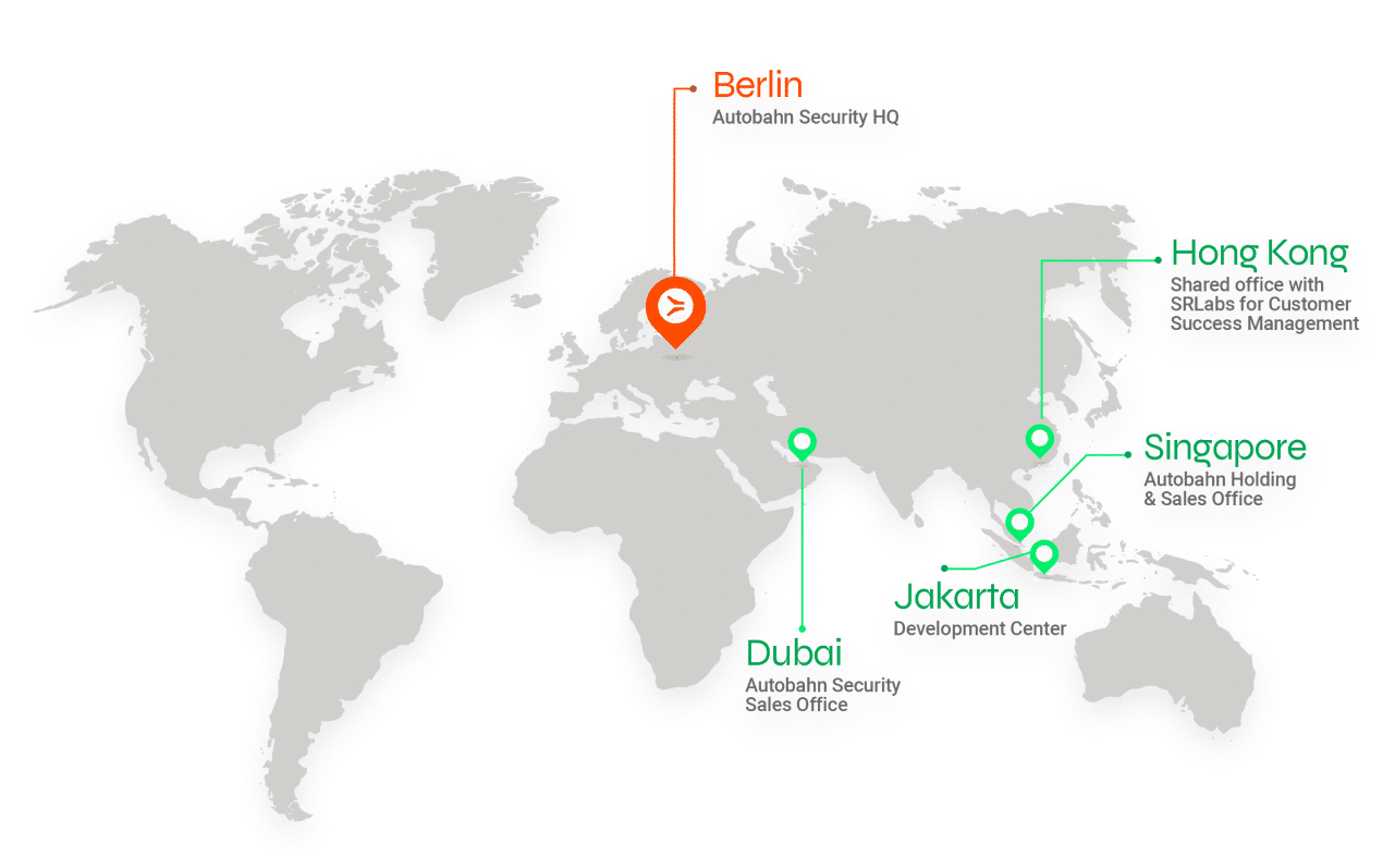 A world map graphic displaying the locations of Autobahn Security's offices in Berlin, Jakarta, Dubai, Hong Kong, and Singapore, marked with pins and labelled for clarity. The map provides visual context for the global reach of Autobahn Security's cybersecurity solutions.