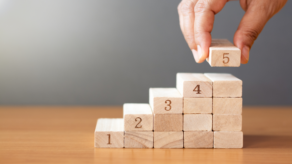 A person’s hand is shown stacking wooden blocks with the numbers one through five on them in a staircase pattern to depict the step-by-step approach for choosing a vulnerability scanning software