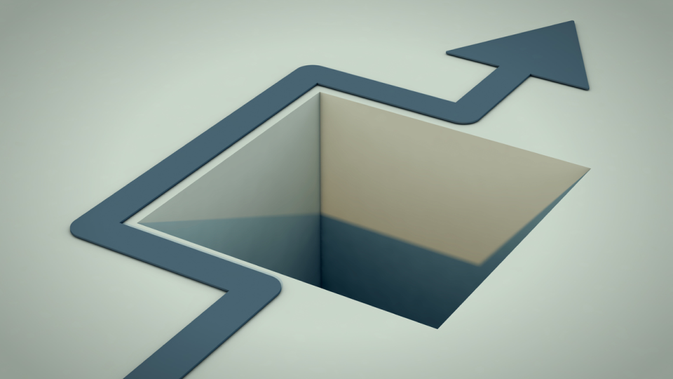 A light grey illustration of a square hole in the ground with a blue arrow winding around it is shown to represent the concept of zero-day vulnerabilities and the importance of avoiding them