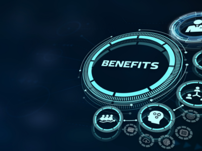 Light blue vector illustrations depicting the five key benefits of using an enterprise VM are shown over a dark blue background. It is attached to a blog article about the benefits of using an enterprise vulnerability management tool.
