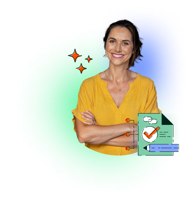 A woman in yellow smiling and posing with her arms crossed next to a checklist icon with completed remediation tasks.
