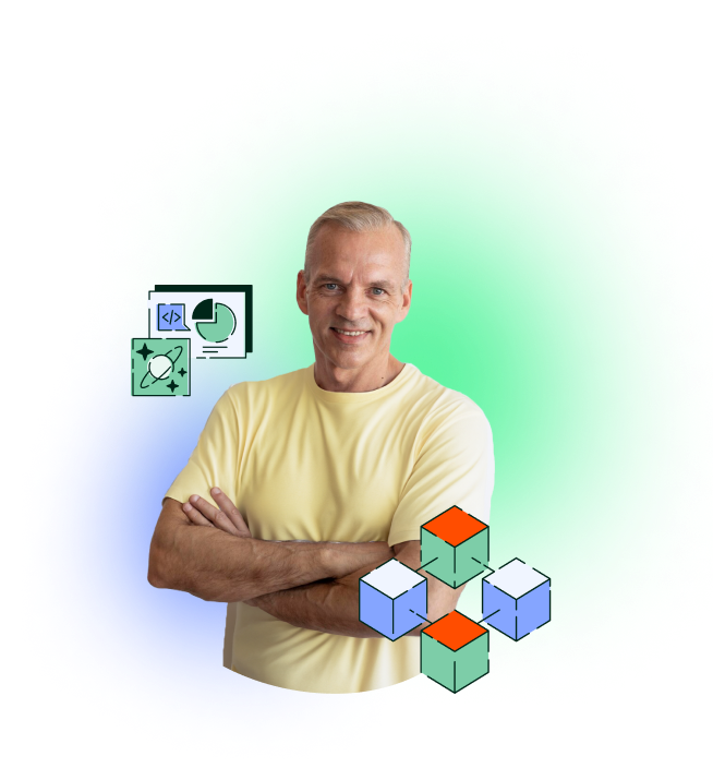 A smiling man in a yellow T-shirt posing with arms crosses next to a stylized icon depicting IT assets as colorful blocks.