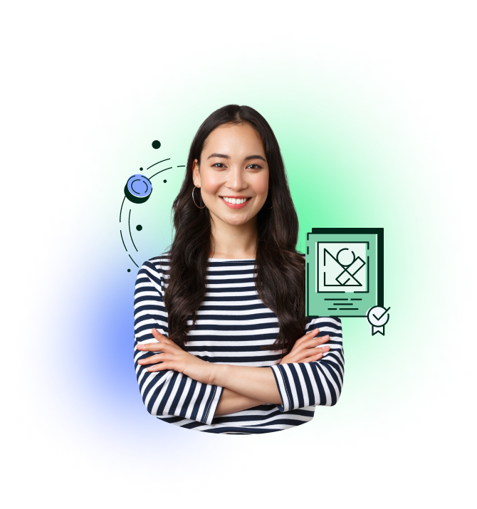 A smiling woman in a stripes posing by a stylized icon of a worksheet with a seal of excellence for issue remediation.