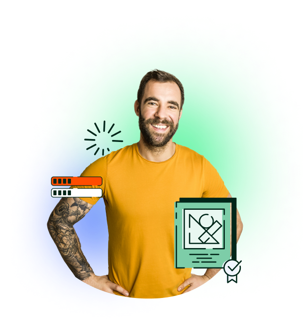 Smiling man with a tattoos in a yellow T-shirt posing by a worksheet icon with a seal of excellence for remediation.