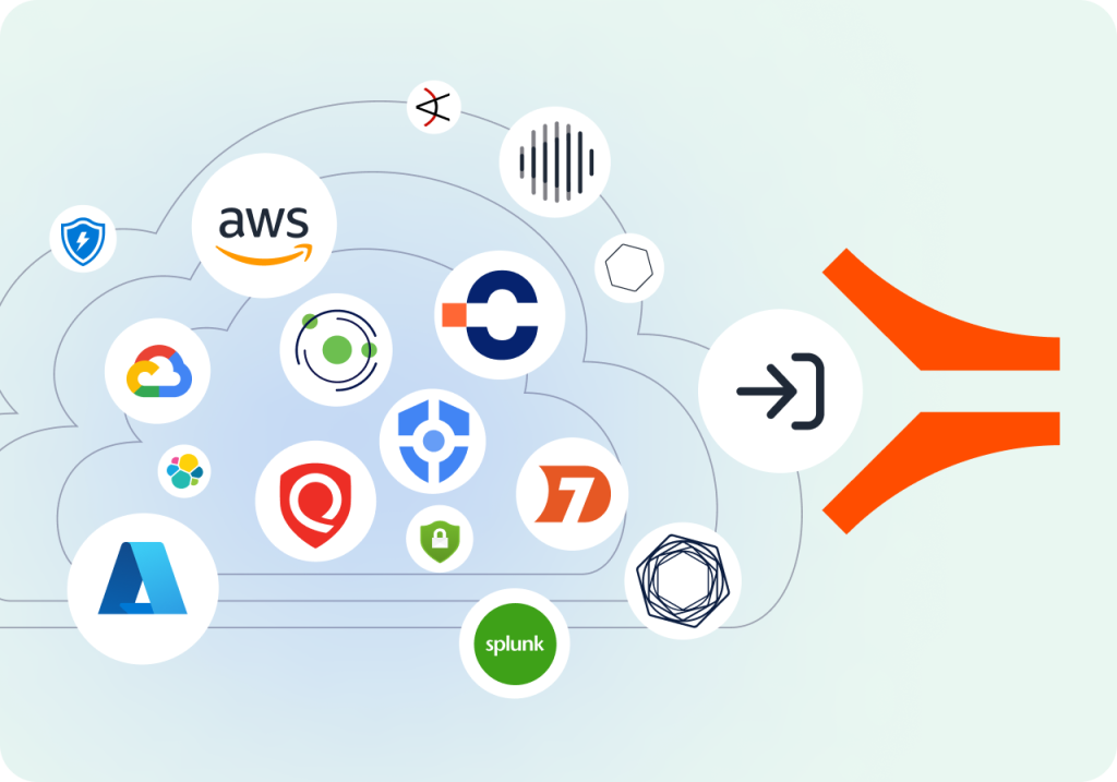 A cloud illustration depicting the logos of various security tools being funnelled into the Autobahn Fit platform.