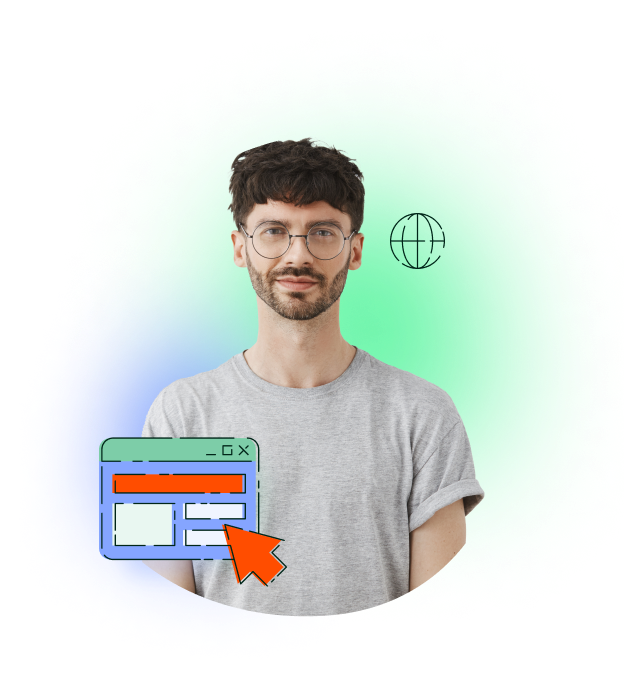 A smirking cybersecurity guy in a grey shirt with glasses, posing next to a stylized icon of a computer screen.