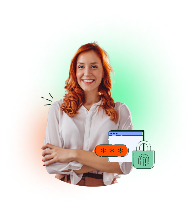 A smiling red-haired woman in a white short posing by an icon of a computer screen with cybersecurity elements.
