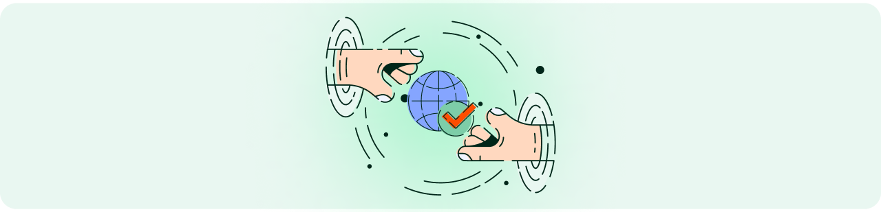 On a pale green background is a stylized illustration of two hands grasping for a globe to symbolize internationality.