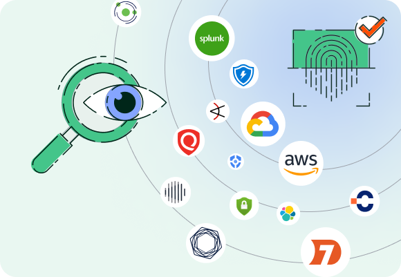 A blue and green collage including an eye and magnifying glass illustration among the logos of various security tools.